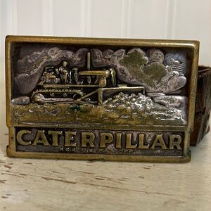 1950s Caterpillar tractor brass belt buckle & leather belt